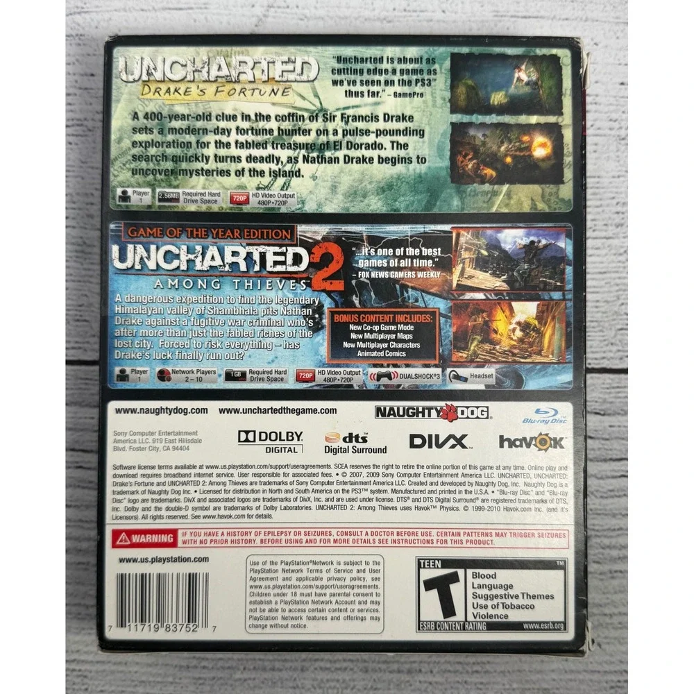 Uncharted 1 & 2 Pak - Sony PlayStation 3 PS3‎ Complete Tested